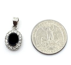 Vintage Sterling Silver Black Onyx & CZ Oval Pendant 7/8” Long