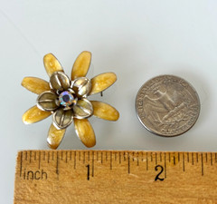 Vintage Cookie Lee Yellow Enamel Flower Brooch Aurora Borealis Rhinestone 1.5″