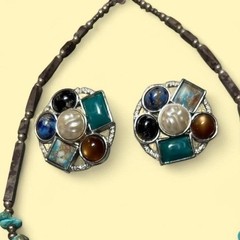 Vtg Turquoise Southwestern Necklace Multi-Stone Clip On Earring Set Statement