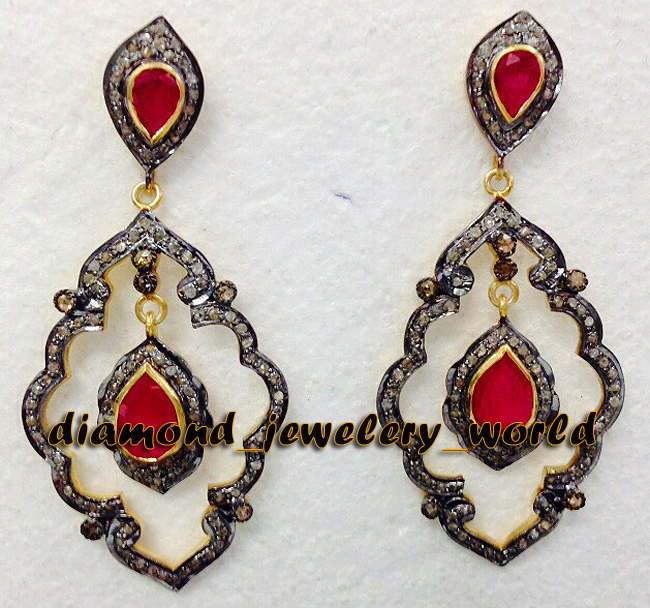 2.59ctw Rose Cut Diamond Ruby Studded Silver Victorian Gorgeous Earring Jewelry
