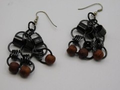 C341-VINTAGE PIERCED EARRINGS~METAL HOOPS/WOOD BEADS~INDUSTRIAL LOOK