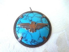 Vintage Copper by Bell Faux Turquoise Pendant With Thunderbird 1 3/4 In. KJ