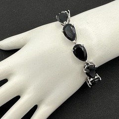 ONYX tennis bracelet – vintage sterling silver & black stone teardrop 6-3/4″