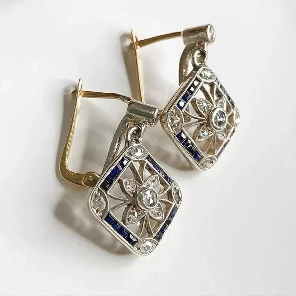 Art Deco Style Lab Created Diamond Blue Sapphire 14k White Gold FN Earrings