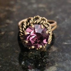 VTG Austrian Crystal RING Twist Brass Purple Glass Cocktail Dome 6.5 Adjustable