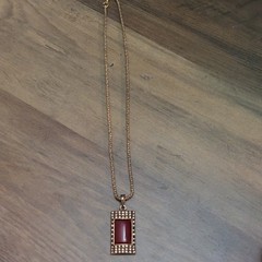 Vintage Plastic Red Stone Necklace 16.5″ With 2.5″ Extender Gold Tone