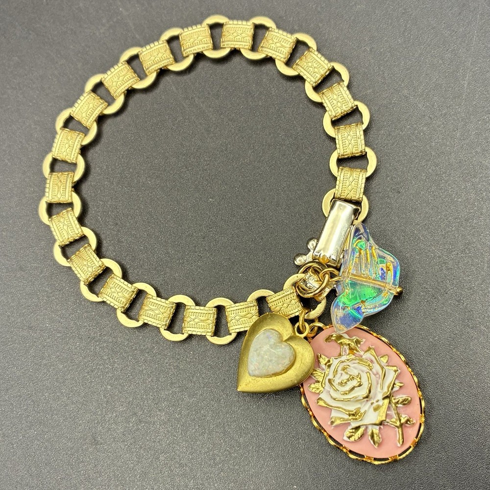 Charm Trio: Rose, Czech Glass Bird, Locket on New Victorian Book Chain Bracelet