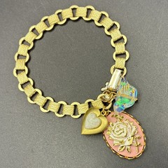 Charm Trio: Rose, Czech Glass Bird, Locket on New Victorian Book Chain Bracelet