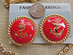 Vintage NOS Quality Nautical red enamel gt Anchor Crown necklace earring set D62