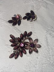 Purple Lavender Prong &cup Set Navette Rhinestone Brooch&ears 3”x3” & 1”x1.25”