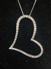 New X-Large 925 Sterling Silver Slanted Heart CZ Charm Necklace Box Chain 18”