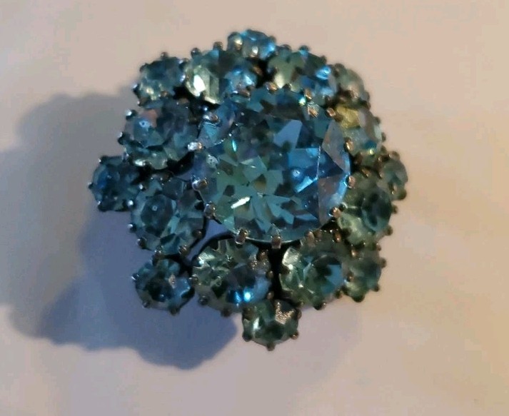 Vintage Crystal Rhinestone Brooch Made in Austria Stamped Pin Blue 1.25″