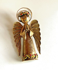 ART Arthur Pepper Mid Century Modern Angel Brooch Rhinestones and Holly Halo