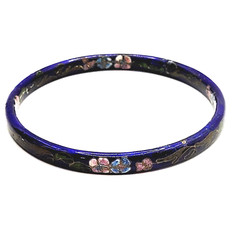 Cloisonné Asian Inspired Dark Cobalt Blue Floral Hand Painted Bangle Bracelet