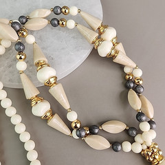 Vintage Trifari Beaded Necklace Acrylic Cream Gray Accents Layered 29″