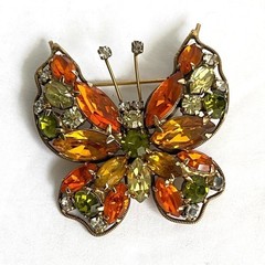 Vintage La Roco Butterfly Brooch Orange Green Rhinestone Pin Retro Estate Piece