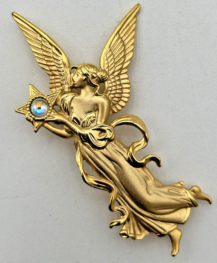 FAIRY/ ANGEL WITH IRIDESCENT STAR GOLDTONE BROOCH/ PIN SIGNED JJ 3″ TALL