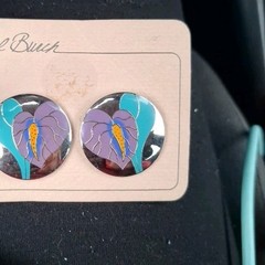 Vtg Laurel Burch Enamel Stud Earrings purple/Teal Silvertone Anthurium Flower