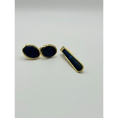 Vintage Gold Tone Blue Oval Cufflinks & Tie Clip Set | Mid Century Men’s