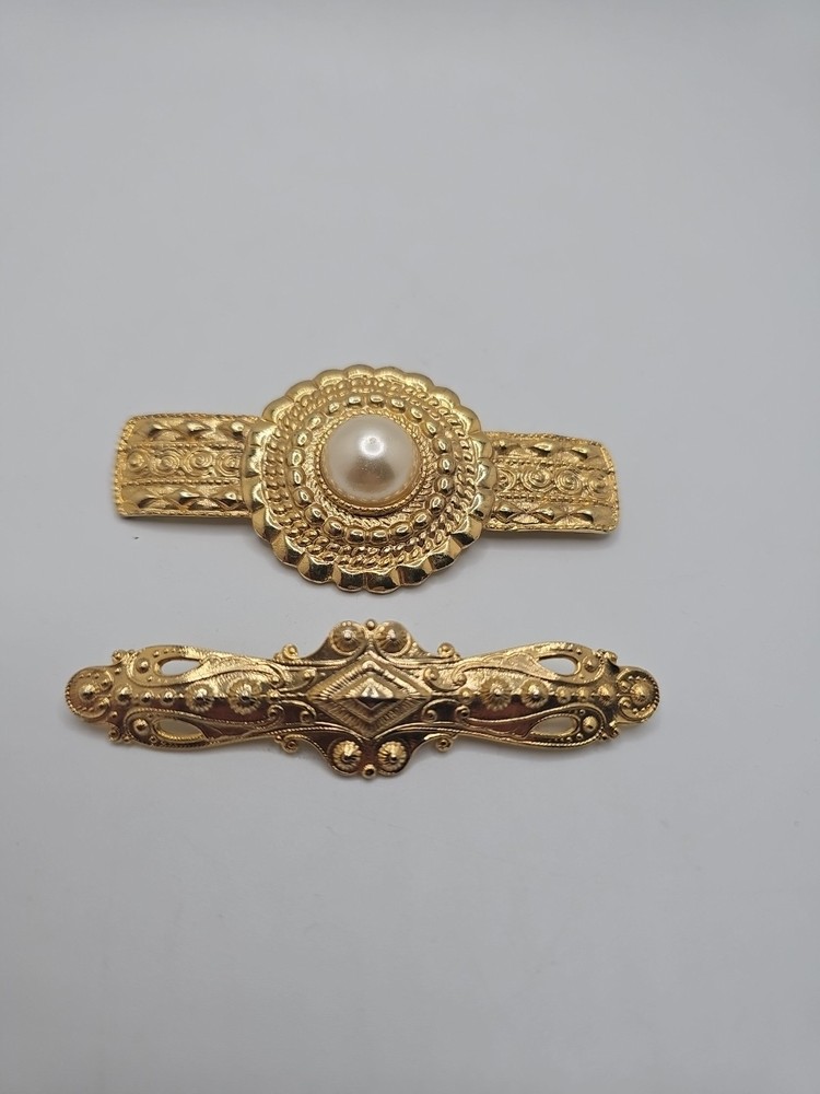 2 Vintage Goldtone Fashion Ornate Bar Brooch Pins Career Glam