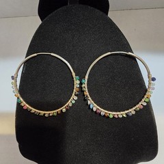Large Vintage Sterling Silver with Gemstone Wire Wrap Hoop Earrings 2.05″