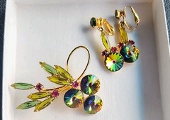 Vintage Julianna Pink and Green Rivoli Watermelon Brooch & Clipon Earrings