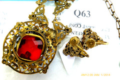RARE ANTIQUE ART DECO CZECH RED CRYSTAL FILIGREE NECKLACE EARRINGS SET