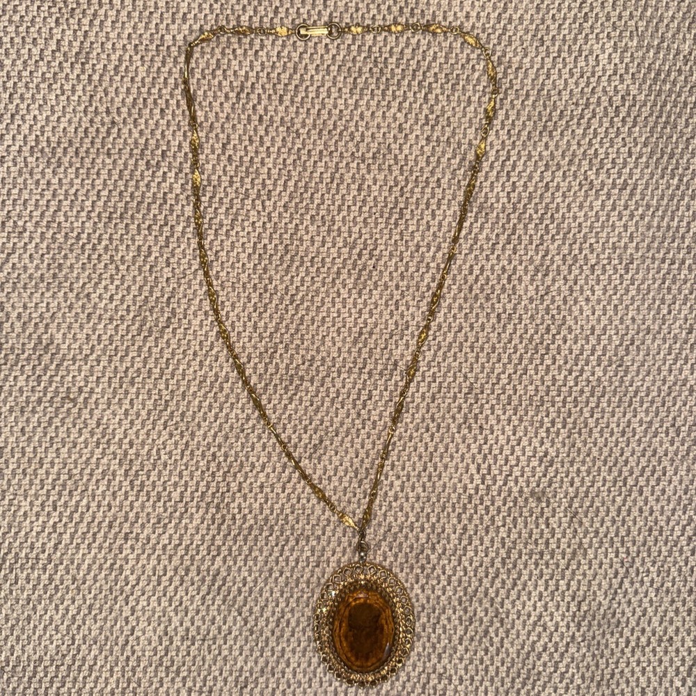 Vintage Warner Intaglio Light Brown Glass Cameo Pendant & Gold Tone 23” Necklace
