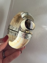 Vintage Buffalo Bone Bangle with Smoky Quartz or Topaz & Embossed Silver