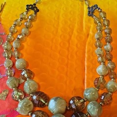 Vintage Double Strand Green and Amber Beaded Necklace