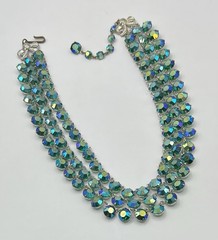 Vintage 3 Strand Peacock Green/Blue Aurora Borealis Crystal Necklace Not Signed
