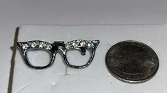 Vintage Mid Century Blue Iridescent Rhinestone Accented Cats Eye Glasses Brooch