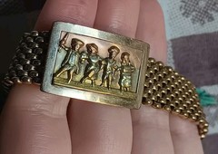 Antique *Damaged* Brass Mesh Link Bracelet Rectangle Clasp People Scene 7″
