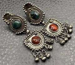 Vintage Boho Tribal Silver Tone Dangle Earrings Green Red Gemstone