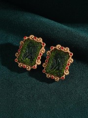 Vintage Green Glass Gold Stud Earrings Palace Relief Wedding Charm Jewelry 2025
