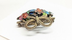 Chinese Export Gold Gild Brass Silver Enamel Flower Basket Pin Brooch Vintage