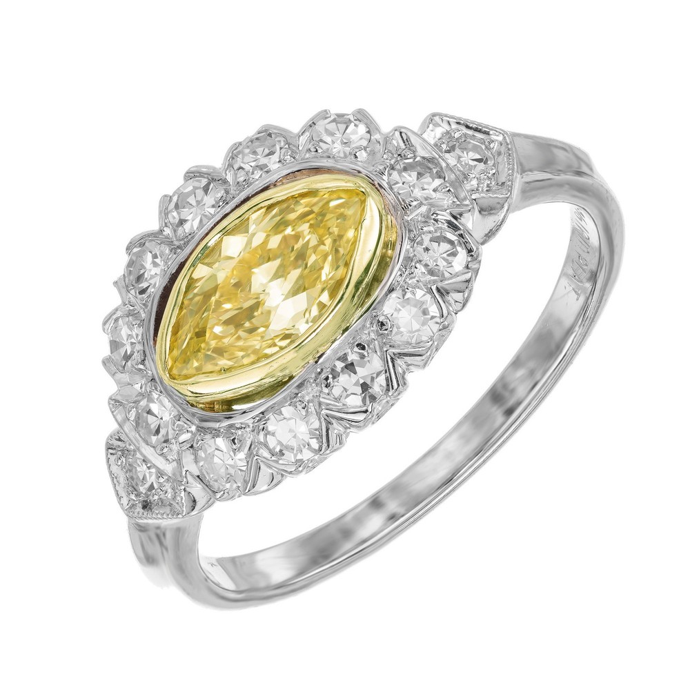 Vintage 1940 Natural Fancy Intense Yellow .65ct Marquise Platinum Diamond Ring