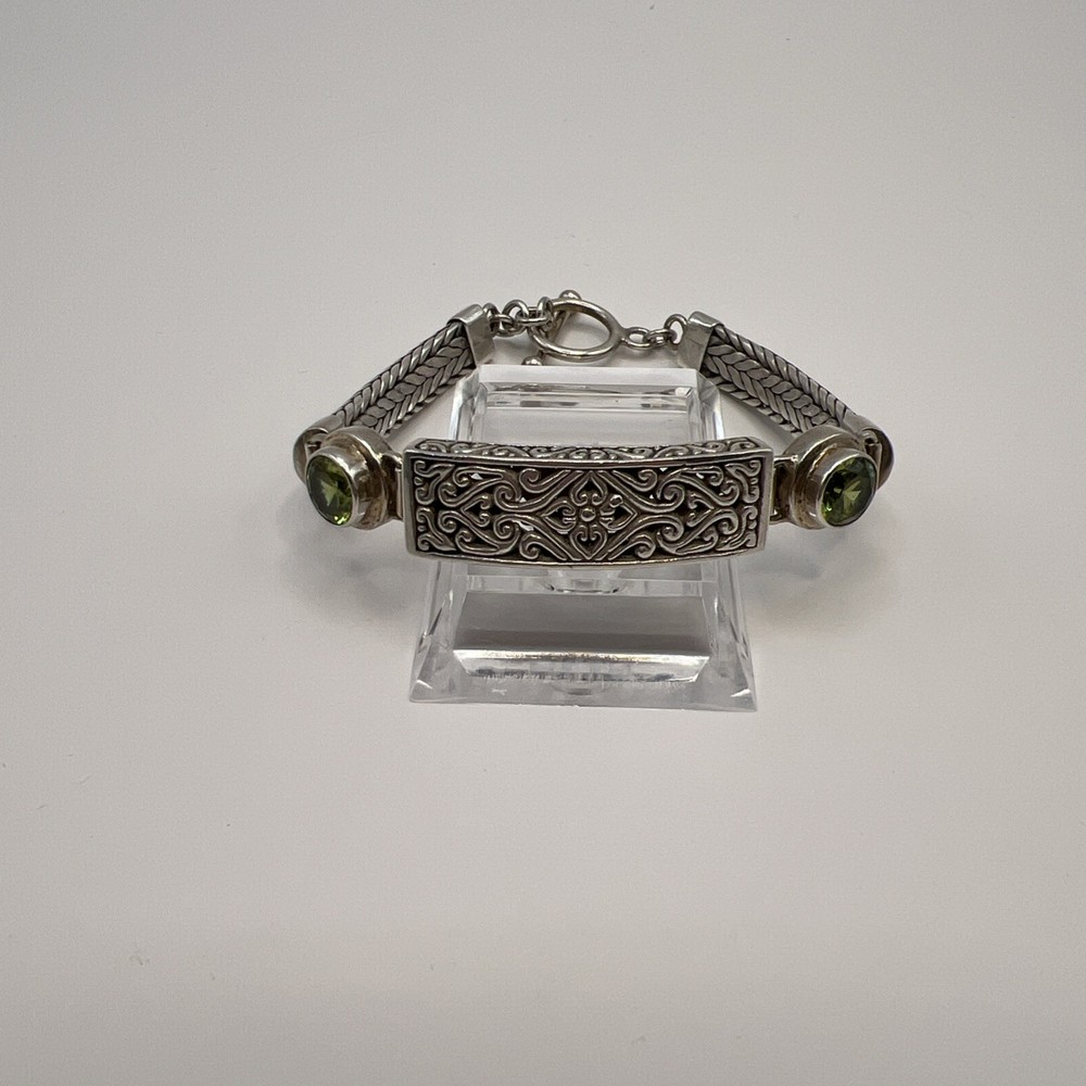 Bali Sterling Silver Peridot Bracelet 7” Handcrafted Balinese Scrollwork Artisan