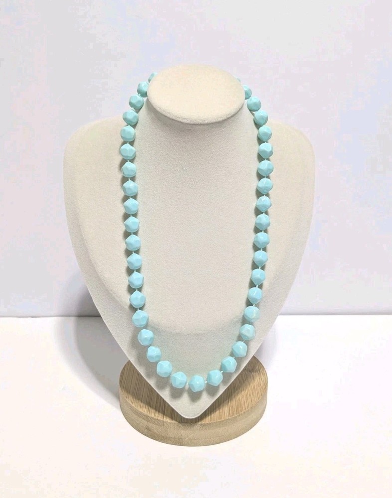 Vintage Blue Round Faceted Acrylic Bead Necklace 17″. Retro Style.