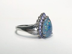 Vintage Estate BLACK-BLUE AUSTRALIAN FIRE OPAL & Tanzanites Sterling Silver Ring