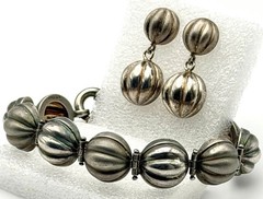 Vintage Italy 925 Sterling Silver Orb Bracelet Earrings Set Ribbed Modernist 30g