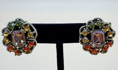 Vintage Rhinestone Clip-on Earrings Orange Green Yellow Flower Shape Judy Lee