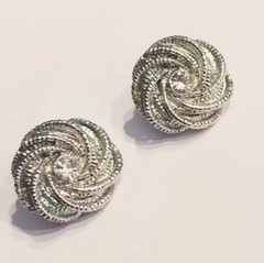 Vintage Estate Silver Twisted Round Textured Post Pierced Rhinestones Earrings