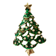 Christmas Tree Vintage Brooch Green Enamel Clear Rhinestones Cut-Outs