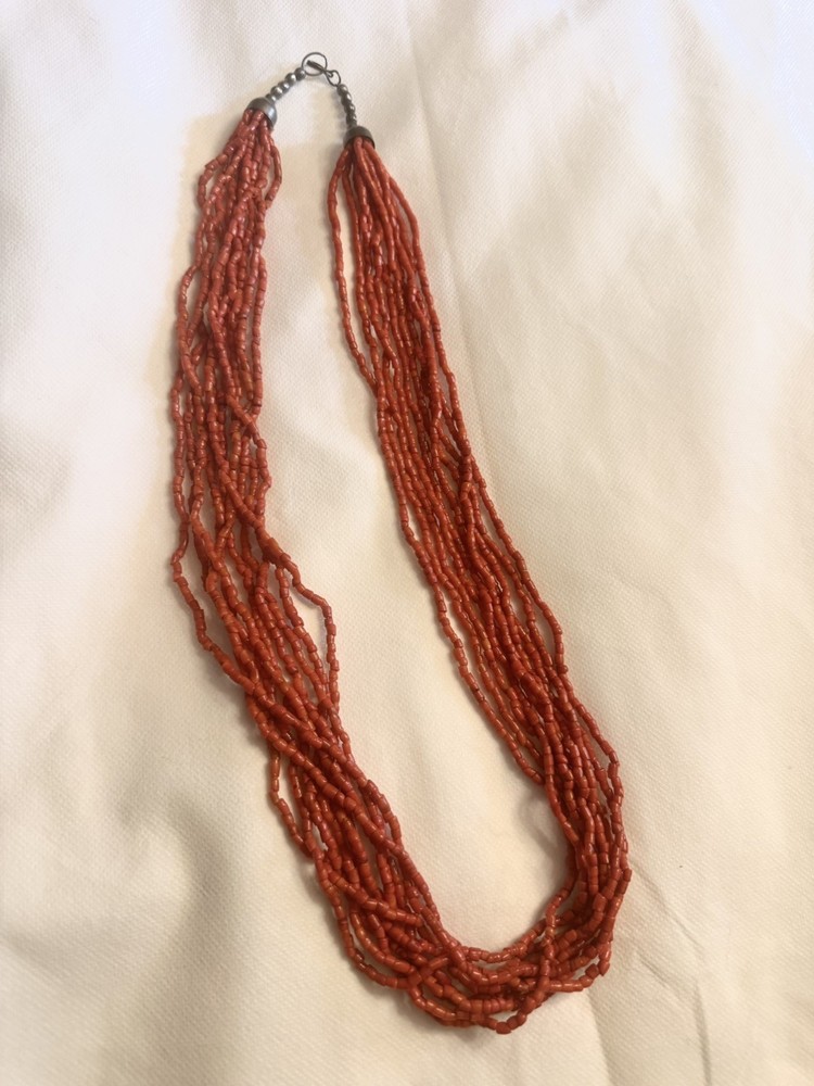 30” Vintage Red/Orange Coral 10 Strand Beaded Ethnic Boho Tribal Necklace