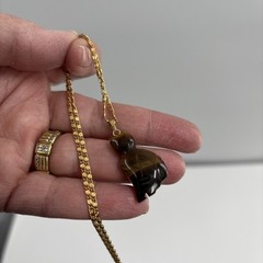 Vtg Tiger Eye Cat Pendant Necklace Monet Gold Tone Chain
