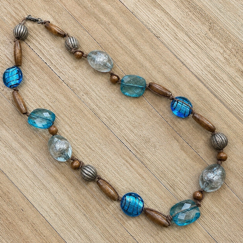 Beaded Necklace Blue Glass Fused Foil Acrylic Crackle Faceted Wood Metal 21″