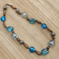 Beaded Necklace Blue Glass Fused Foil Acrylic Crackle Faceted Wood Metal 21″