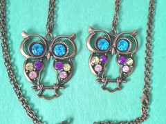 Pair of OWL Pendants W/Colorful Rhinestones Necklaces In Bronze Tone