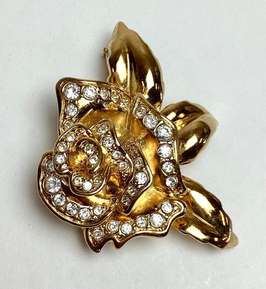 Vintage Gold-Tone & Clear Rhinestone Rose Floral Brooch 1.75″ x 1.5″ Inches